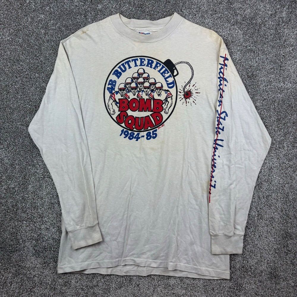 Vintage Michigan State Spartans Shirt‎ Mens L White Butterfield Bomb Squad 80s
